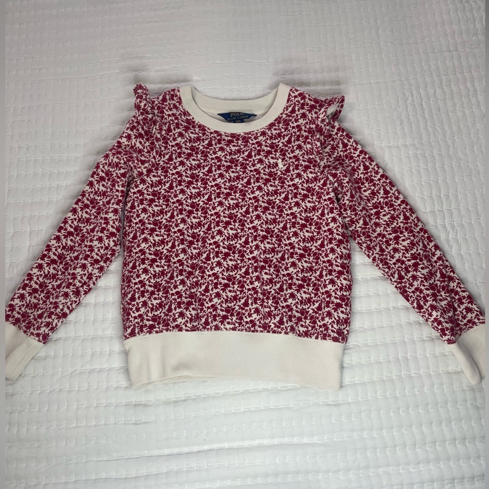 Polo by Ralph Lauren Burgundy and Cream Floral, Ruffle Shoulder Sweatshirt